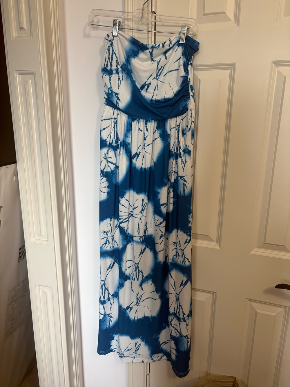 Grace Karin Blue and White Strapless Tie-Dye Maxi Dress
